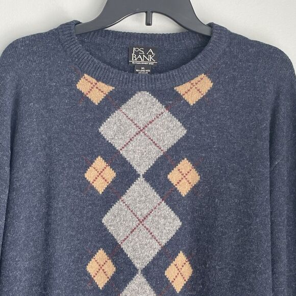 Jos A Bank Lambswool Sweater Men's XL Blue Gray Tan Argyle Crew Neck Preppy - Picture 2 of 10